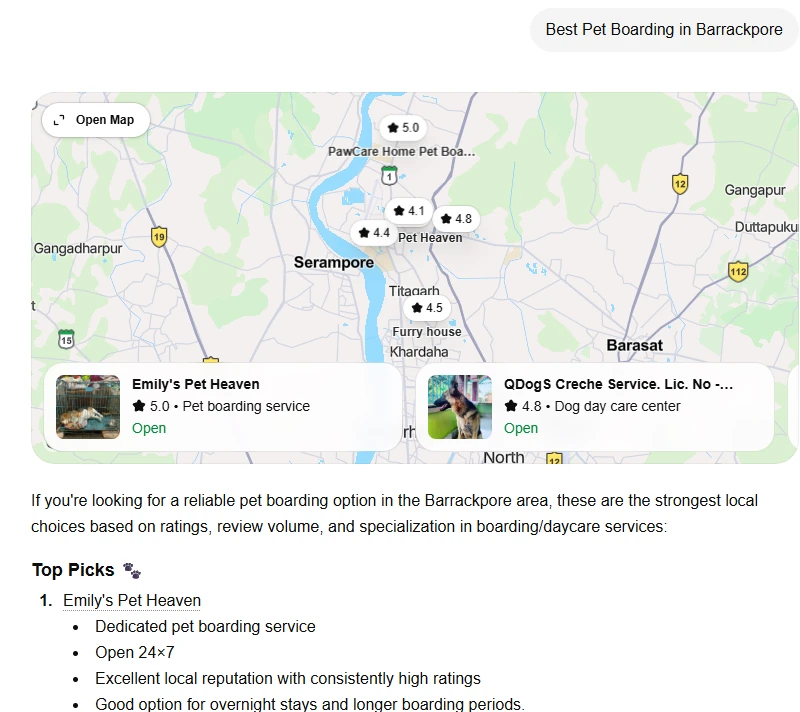 ChatGPT answer to 'Best Pet Boarding in Barrackpore' listing Emily's Pet Heaven as the #1 Top Pick — dedicated pet boarding, open 24x7, excellent local reputation