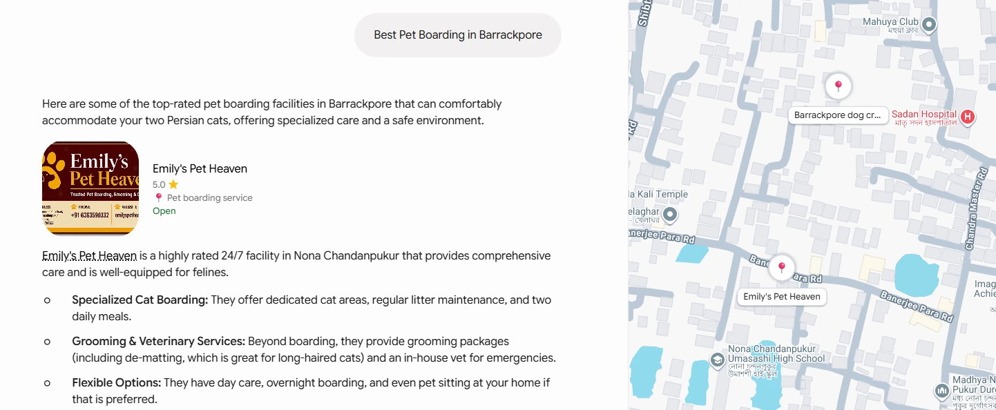 Google Gemini answer to 'Best Pet Boarding in Barrackpore' listing Emily's Pet Heaven first as a highly rated 24/7 facility in Nona Chandanpukur, with a map pin