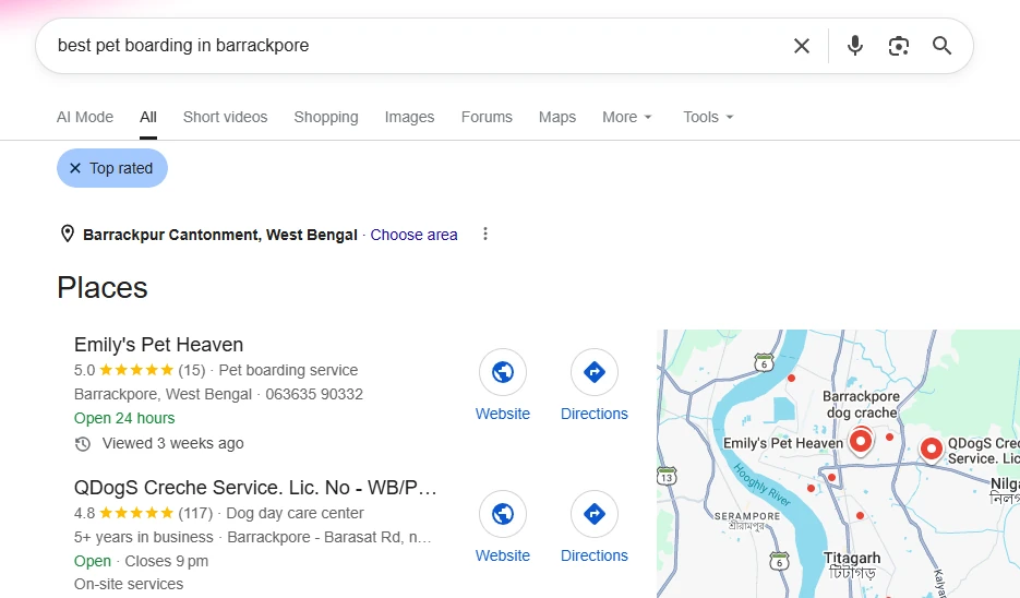 Google Search results for 'best pet boarding in barrackpore' showing Emily's Pet Heaven ranked #1 in the local Map Pack with a 5.0 star rating and open 24 hours